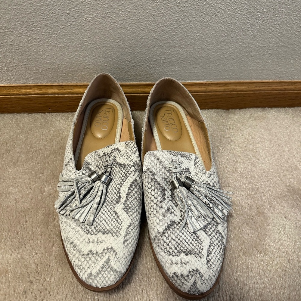 Franco Sarto Gray Snake Print Tassel Loafers